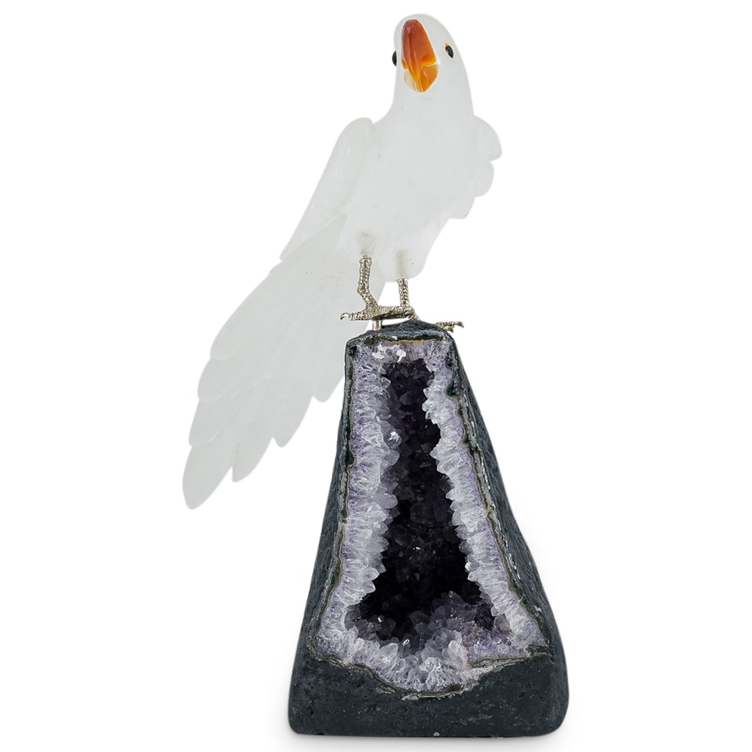 Large Semi Precious Quartz Gemstone Parrot Bird Sculpture On Amethyst (1 of 8)