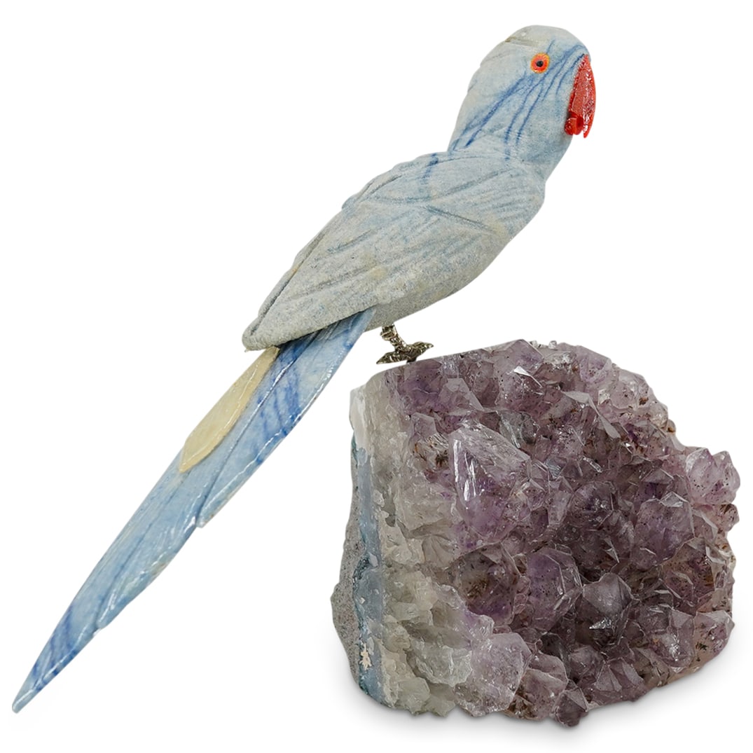Carved Gemstone Parrot Bird On Amethyst (1 of 5)