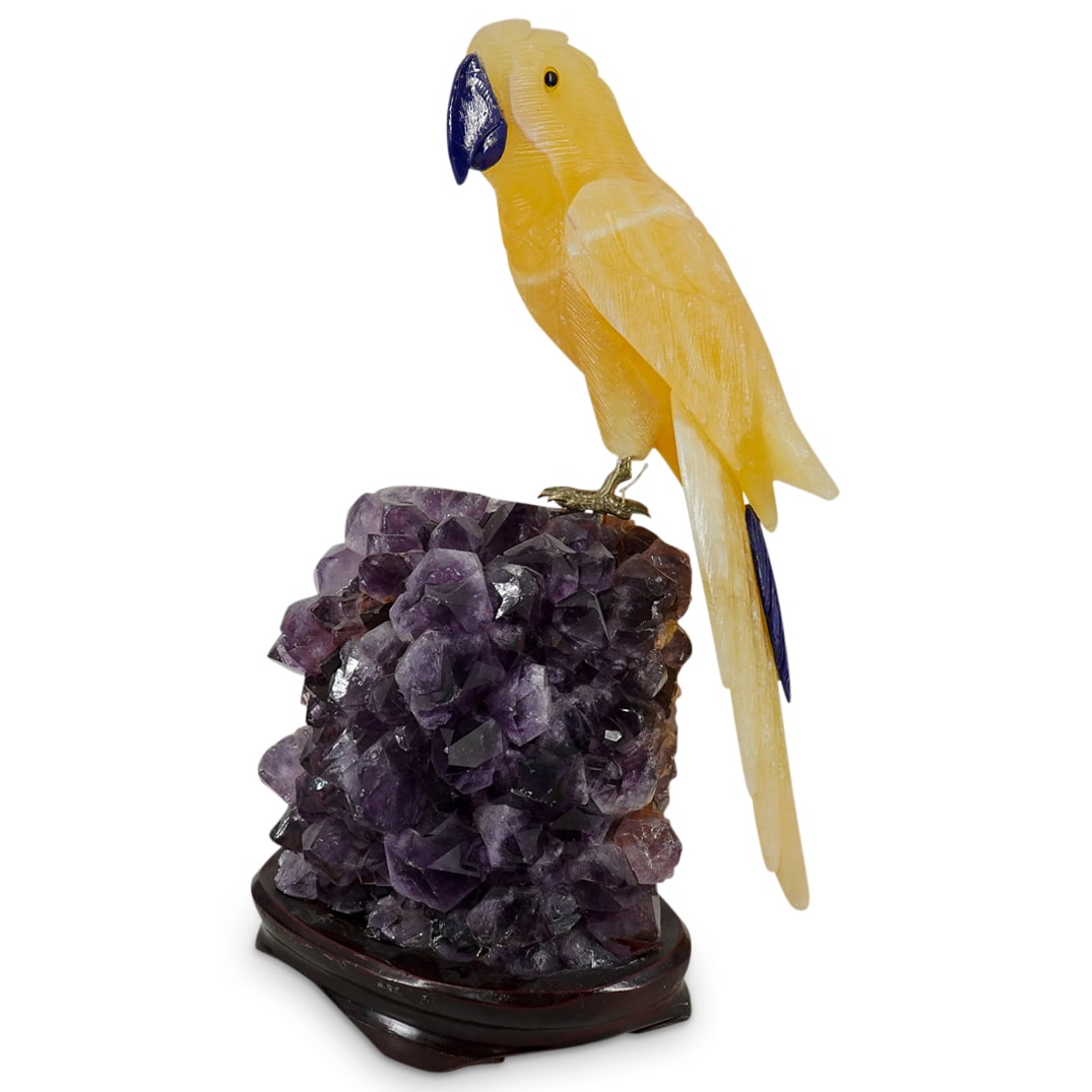 Large Carved Yellow Calcite Parrot Bird Sculpture On Amethyst (1 of 8)