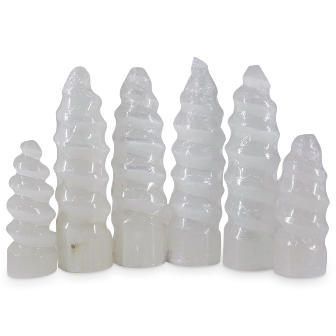 (6 Pc) Hand-Carved Selenite Crystal Spiral Sculptures (1 of 4)