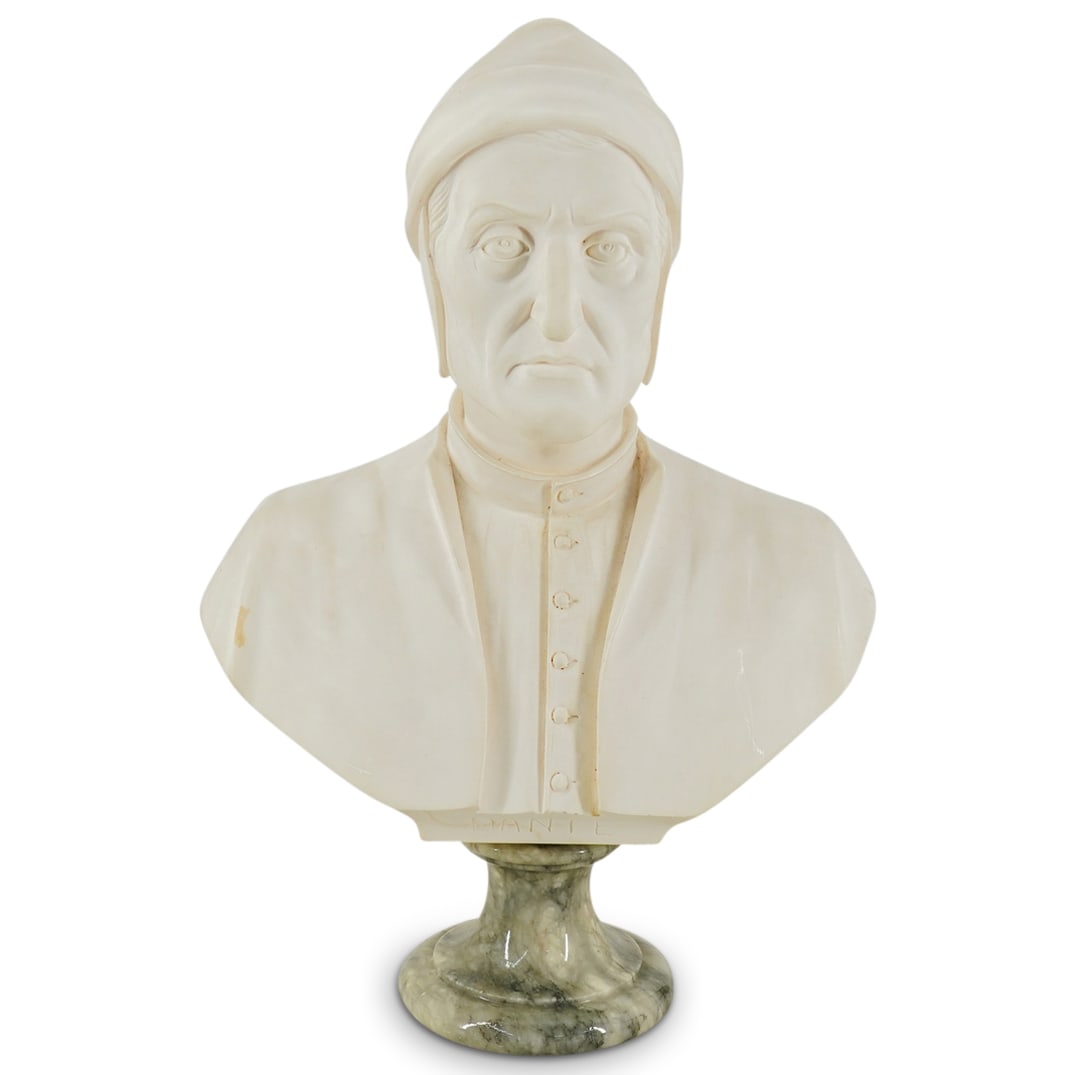 Arnoldo Giannelli (1907-1985) Bust Sculpture of Dante: DESCRIPTION: Arnoldo Giannelli (1907-1985), Carved bonded alabaster Bust of Dante Alighieri, Italian poet, 1265-1321, Marked "Dante" and inscribed artist name "A. Gianelli' as well as " Volterra" on t