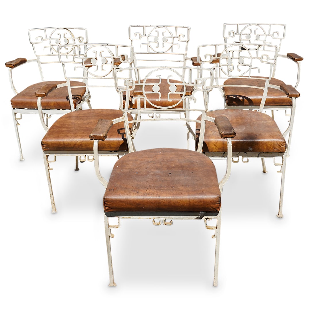 (6Pc) Antique Wrought Iron Chinoiserie Garden Patio Chairs (1 of 16)