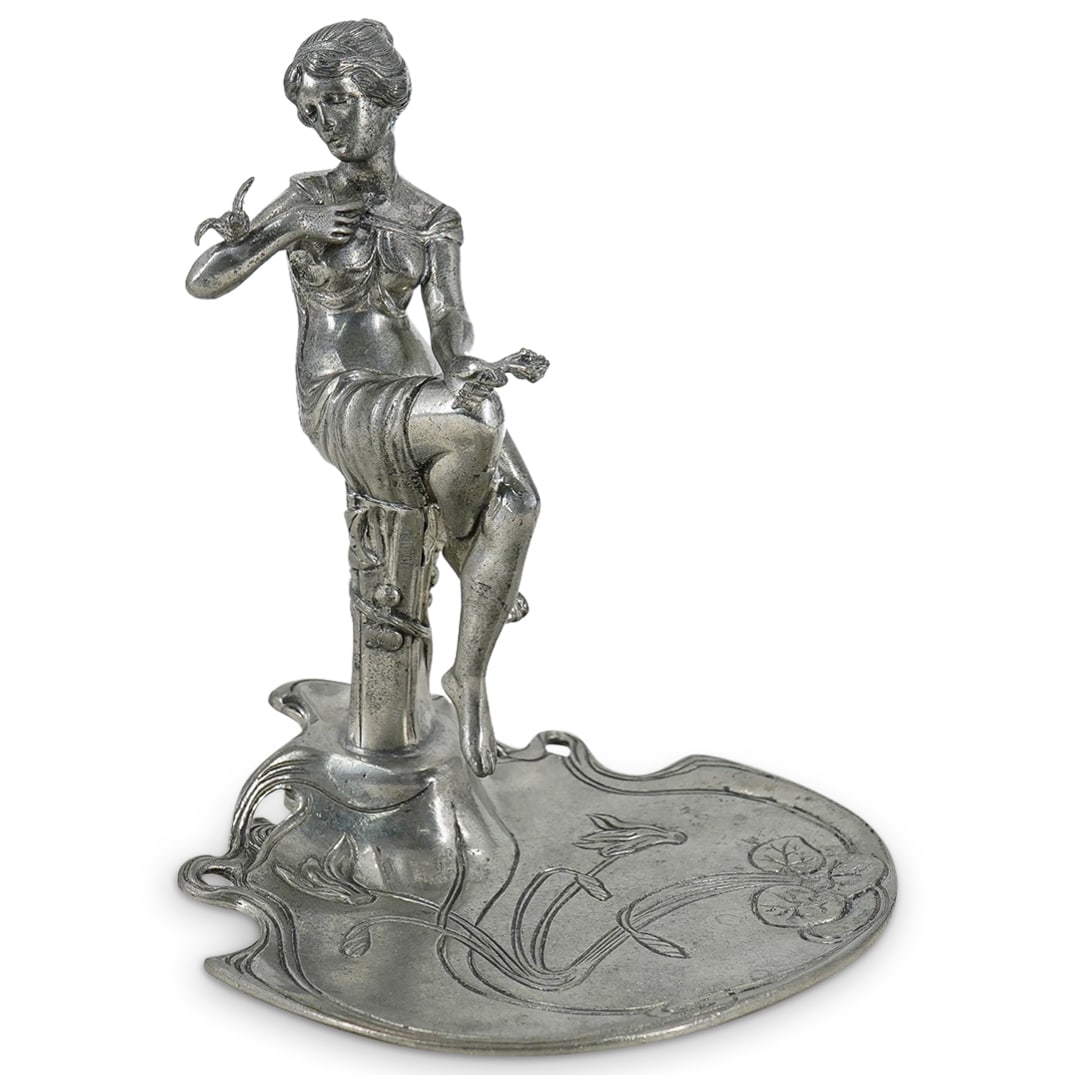 Art Nouveau Antique Pewter Sculpture Tray: DESCRIPTION: Antique Art Nouveau Pewter Figural Tray by William Roberts, depicting a seated maiden figure holding a small bouquet of flowers and with a bird on her right arm. Hallmarked William Robert