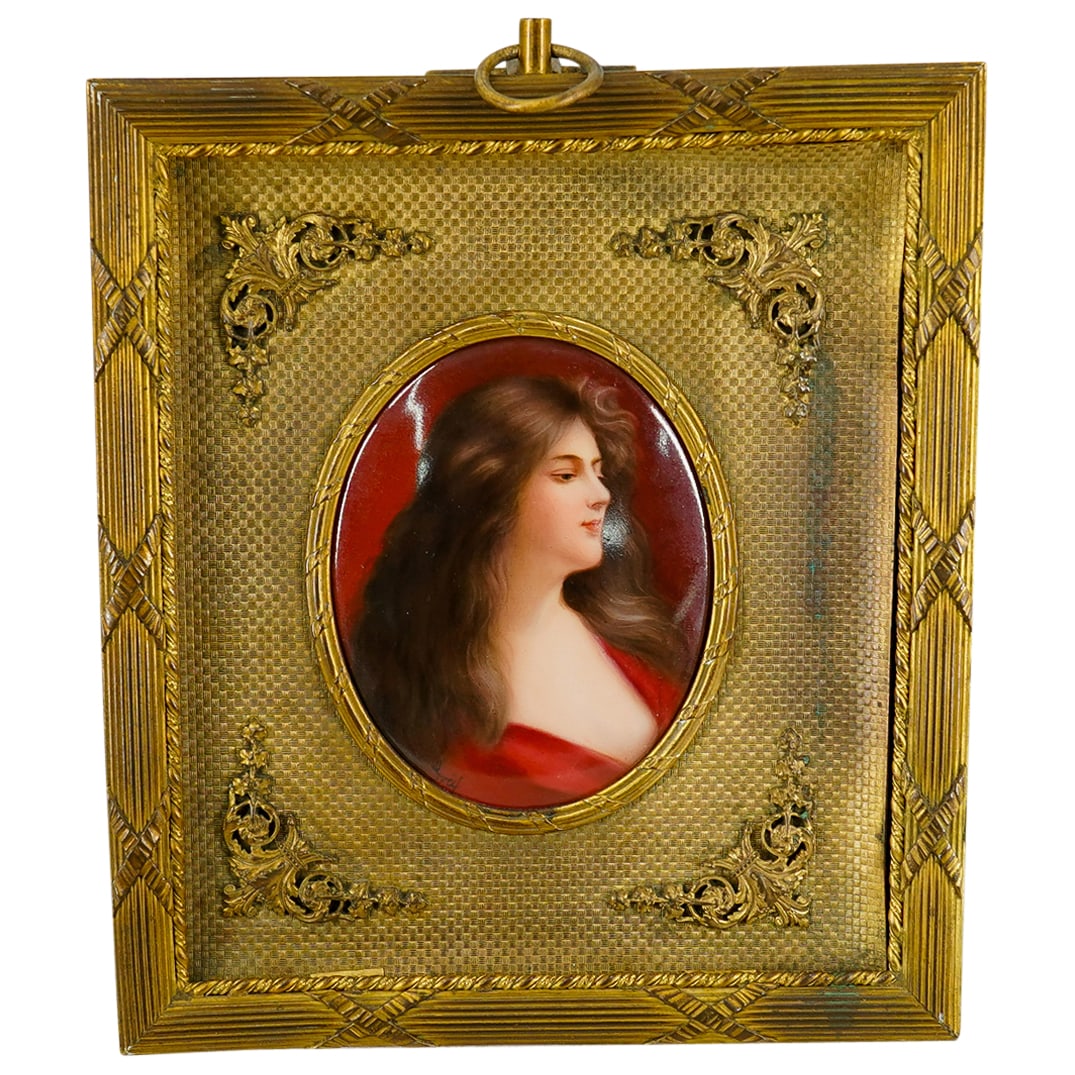 Antique Hutschenreuther Porcelain Plaque: DESCRIPTION: Antique Hutschenreuther porcelain plaque, the obverse decorated with a hand painted portrait of a young woman. "Graf" at lower left. Illegibly entitled at reverse. Impressed mark at rever