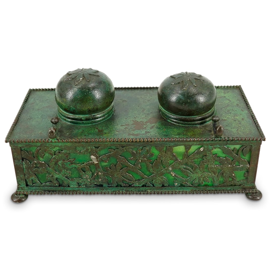 Apollo Studios Bronze and Green Slag Glass Double Inkwell (1 of 8)