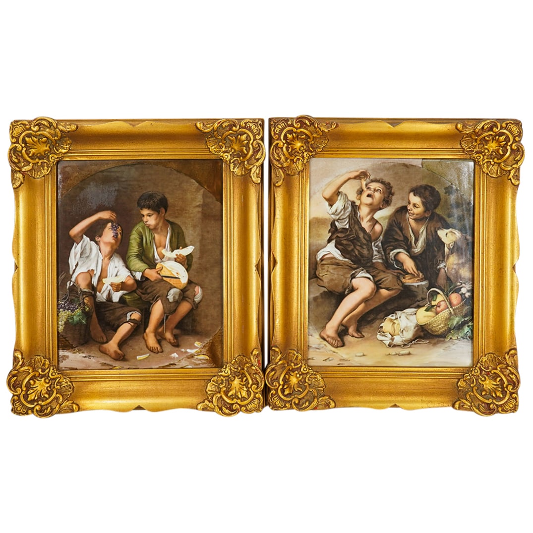 (2 Pc) Antique German After Bartolome Esteban Murillo Porcelain Plaques: DESCRIPTION: Two antique porcelain plaques, each featuring a transferred work by Bartolome Esteban Murillo: one of "Children Eating Grapes and a Melon" and one of "Children Eating a Tart". Each piece'