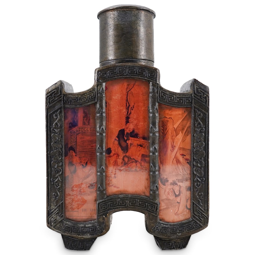 Chinese Pewter & Reverse Painted Glass Tea Caddy (1 of 6)