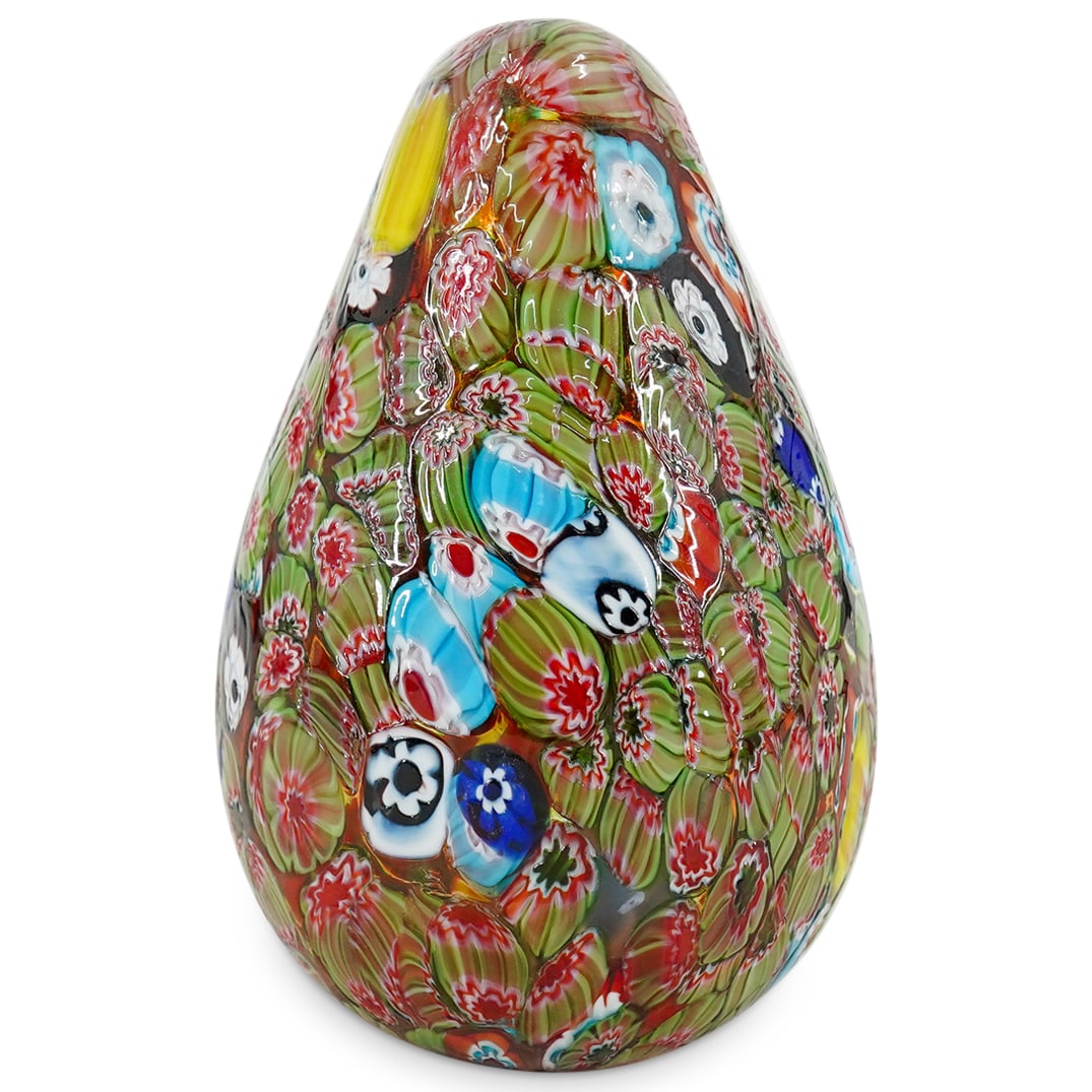 Millefiori Art Glass Egg: DESCRIPTION: Art glass egg decorated with polychrome millefiori canes. CIRCA: 20th century ORIGIN: Unknown DIMENSIONS: H: 5.5" W: 3.75" L: 3.75" CONDITION: Great condition. Unless otherwise stated, al