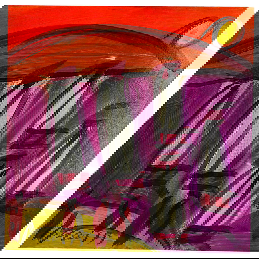 Peter Keil (German, 1942) Nautical Scene On Board: DESCRIPTION: Peter Keil (German, 1942) original painting on board depicting a nautical scene with sailboats, the ocean, and with the sun overhead. Painted in vivid colors, over a purple and orange hue