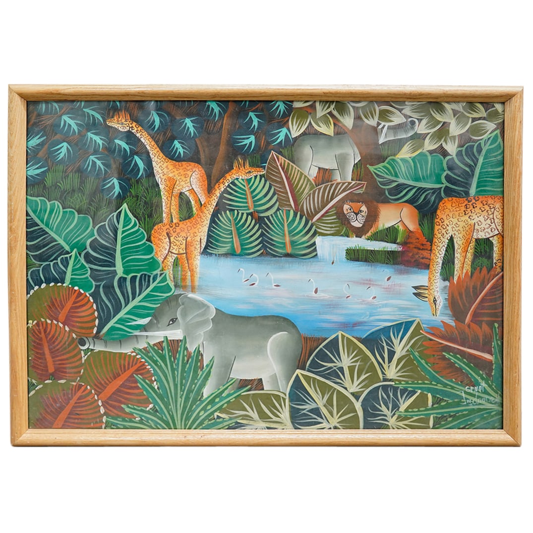 Jean Claude Senat Acrylic On Canvas: DESCRIPTION: Acrylic on canvas painting by Jean Claude Senat depicting lions, elephants, and giraffes in a jungle. Signed and possibly dated "11" at lower right. CIRCA: Early 21st century ORIGIN: Cari