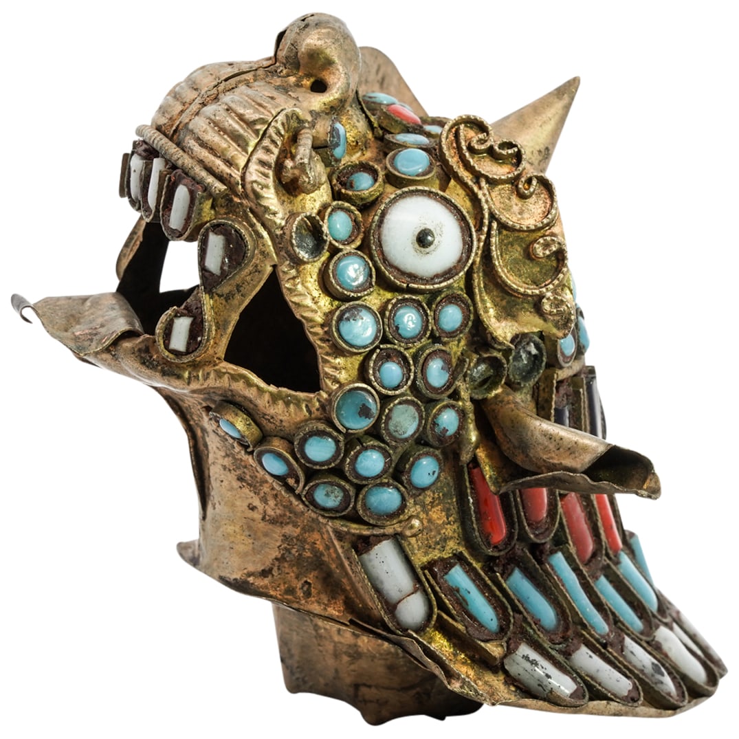 Burmese Gilt Metal And Enamel Chinthe Foo Dog Pendant Topper: DESCRIPTION: Burmese gilt metal pendant topper crafted as a chinthe ("foo dog") head featuring enameled decor throughout in various colors. CIRCA: 20th Century ORIGIN: Myanmar DIMENSIONS: H: 2.75" W: 