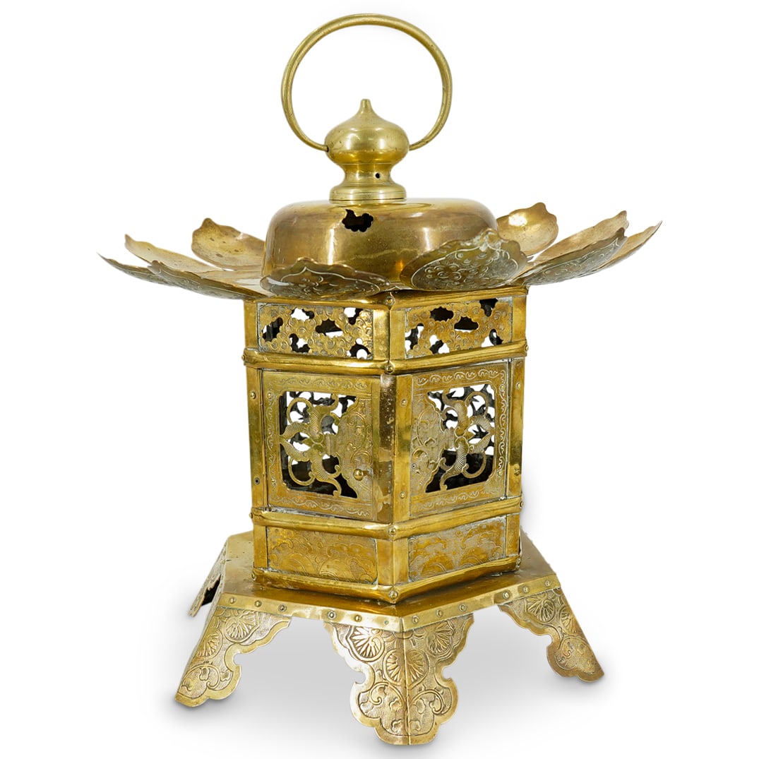 Vintage Japanese Lotus Flower Brass Temple Hanging Lantern (1 of 11)