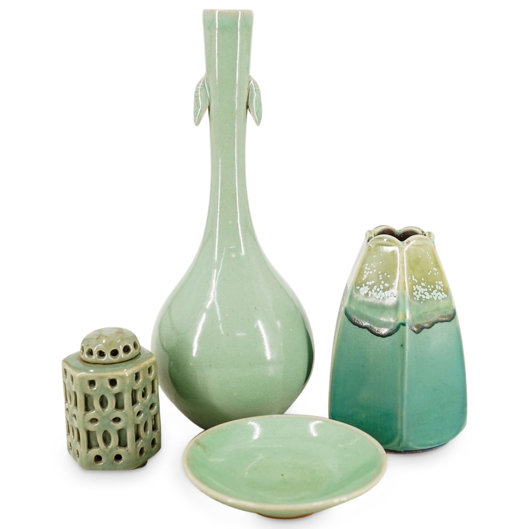 (4) Chinese Celadon Articles: DESCRIPTION: (4) Chinese Celadon Articles, (1) Koro hexagon shaped with a dome shaped pieced cap, H: 3.125 D: 2.25" (1) Small round dish, H: 1.125" D: 4.625" (1) Vase hexagon in shape with a scalloped