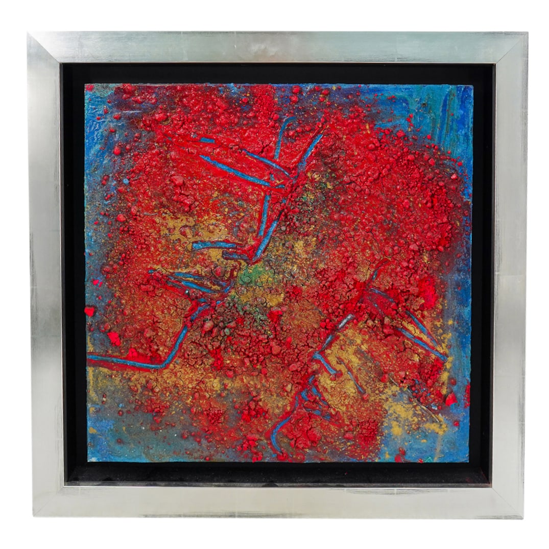 Jamali (b.1944) Mixed Media Fresco Painting: DESCRIPTION: Jamali (b.1944) Mixed media fresco painting featuring a brutalist textured panel with red and blue tones, mounted in silver leaf frame. Paperwork attached to verso: Jamali, Art and Peace,