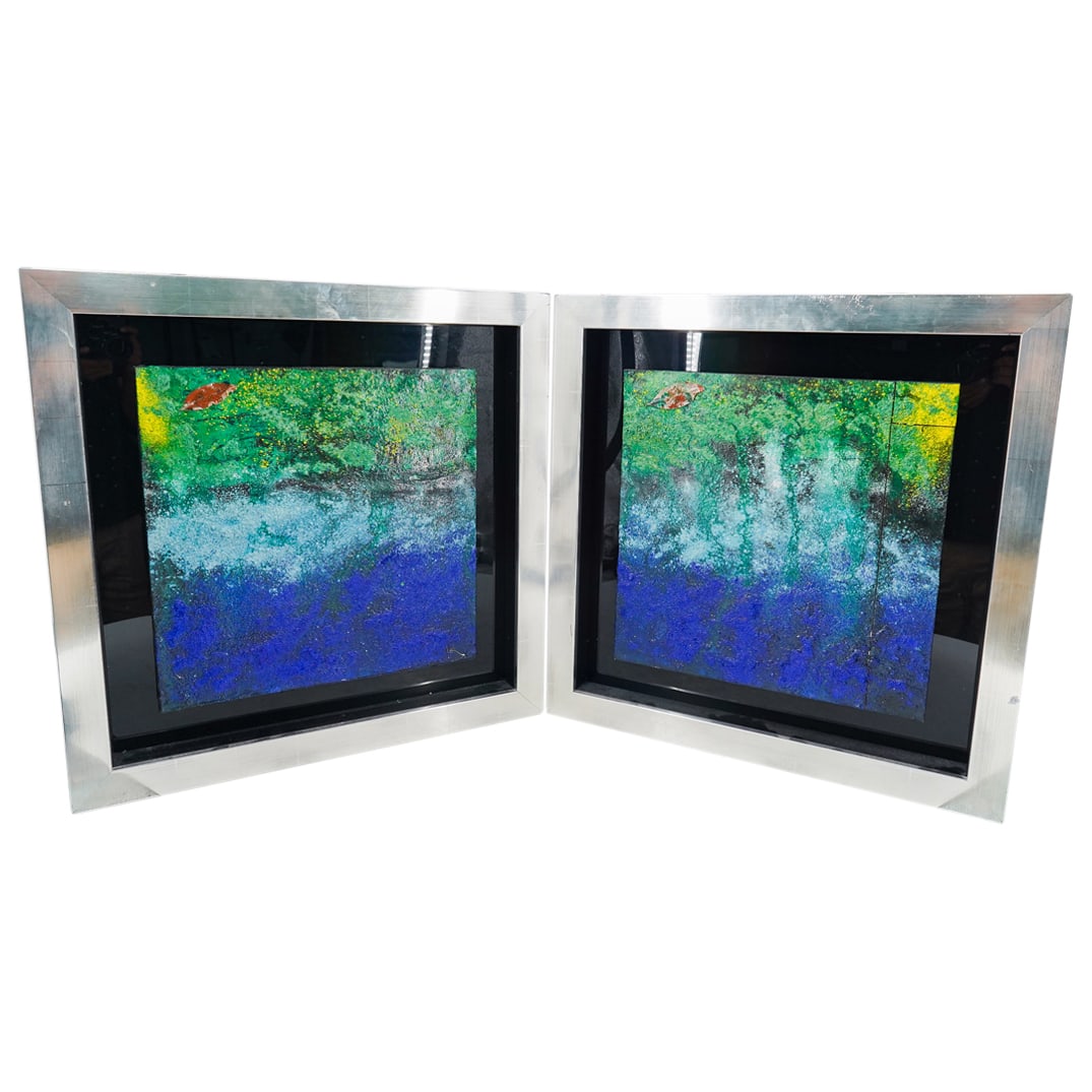 Jamali (b.1944) Pair of Mixed Media Fresco Paintings: DESCRIPTION: Jamali (b.1944) Pair of mixed media fresco paintings with vibrant blues, greens, and speckled yellow tones, signed (Lower Right) Each mounted in silver leaf frames, with gallery labels to