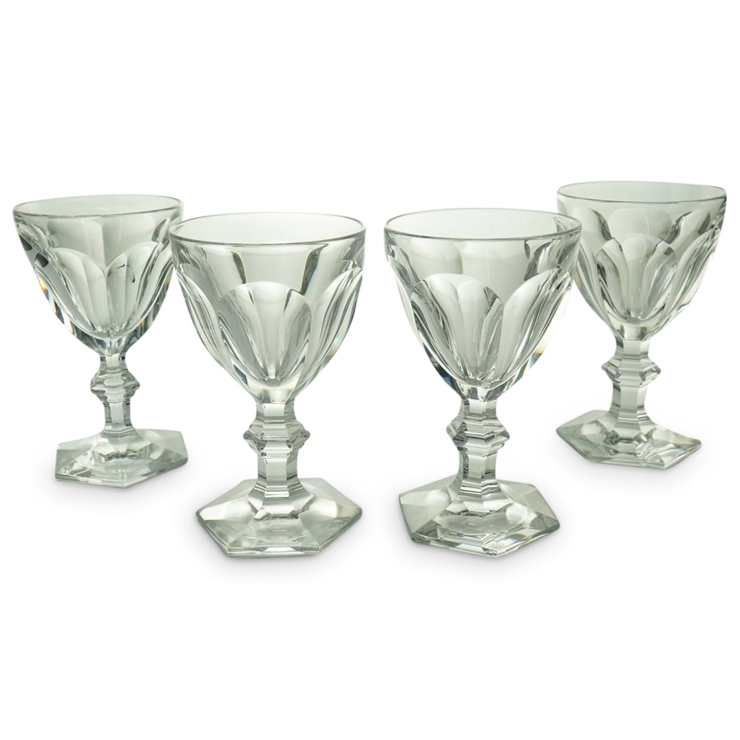 (4 Pc) Baccarat Crystal "Harcourt-Versailles" Wine Glasses: DESCRIPTION: Four Baccarat crystal wine glasses in the "Harcourt-Versailles" pattern. Each marked on underside. CIRCA: 20th century ORIGIN: French DIMENSIONS: H: 5.5" Diameter: 3.25" CONDITION: Great