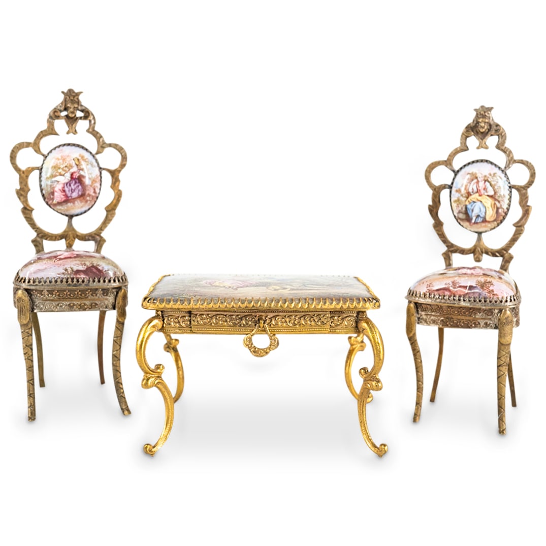 (3 Pc) Antique Austrian Enameled Gilt Bronze Miniature Table & Chairs (1 of 9)
