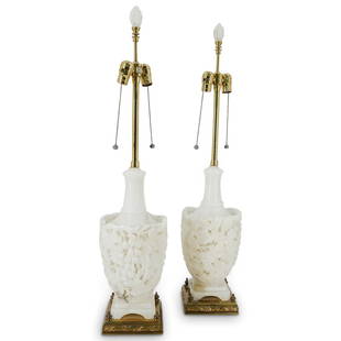 Pair Of Vintage Marbro Alabaster Table Lamps: DESCRIPTION: Two matching Marbro Lamp Company table lamps, each featuring an alabaster base crafted as pierced grapevines hung with voluptuous fruit. Each piece rests on a gilt bronze base. Tested and