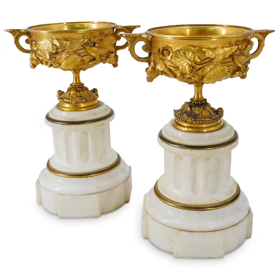 Antique Dore Bronze & Carrara Marble Tazzas (1 of 11)