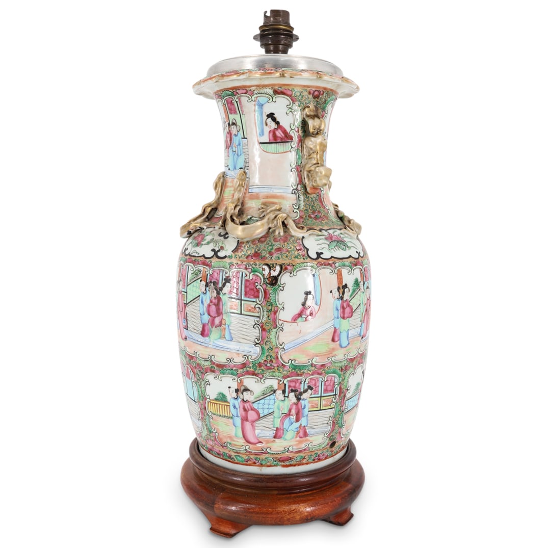 Antique Chinese Rose Medallion Porcelain Lamp Base (1 of 8)