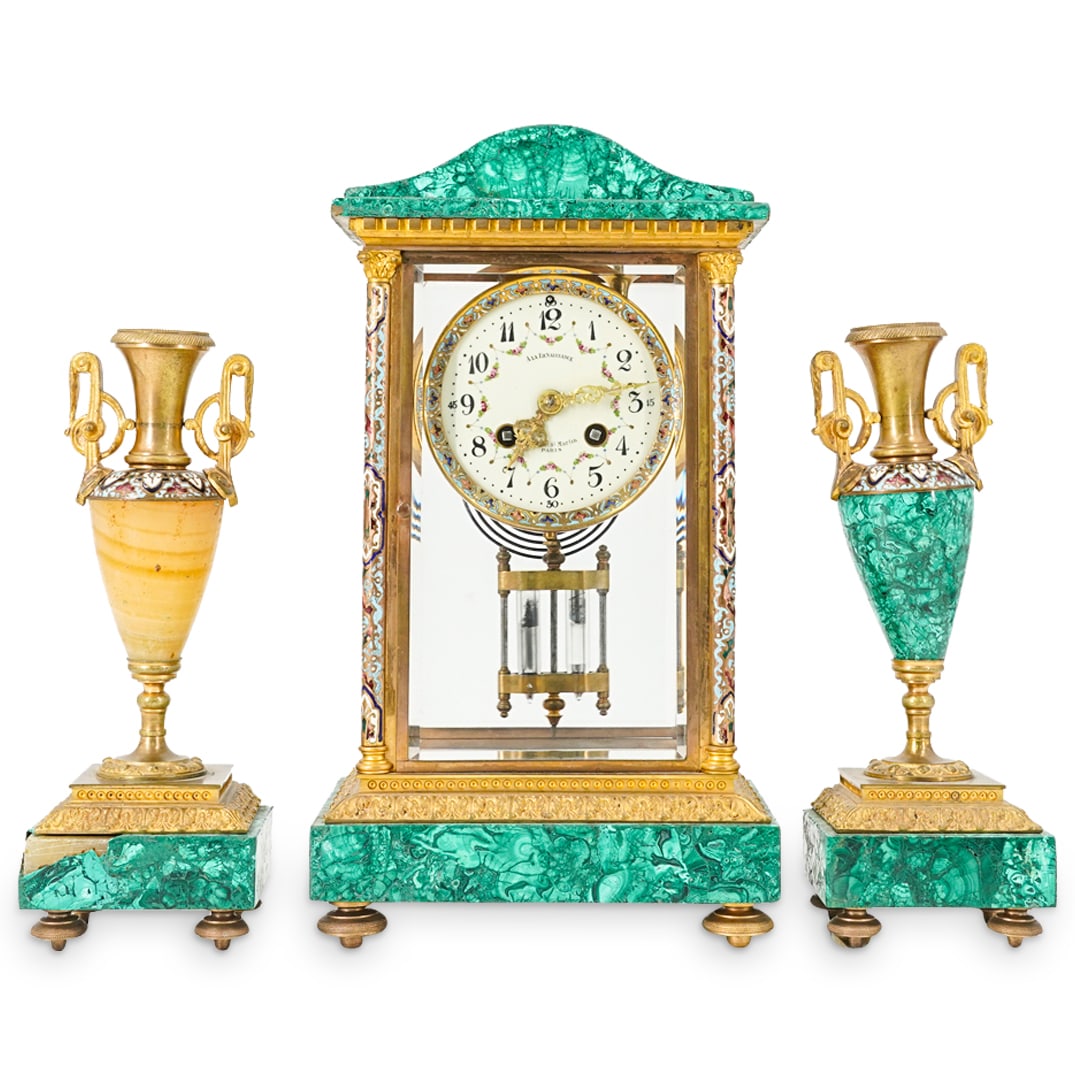 (3 Pc) Antique French Art Deco Malachite And Champleve Clock Set (1 of 14)