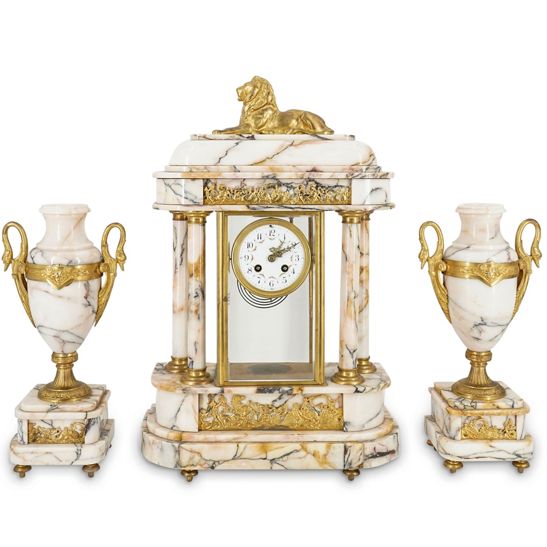 (3 Pc) Antique Marble And Bronze Clock Garniture Set (1 of 16)