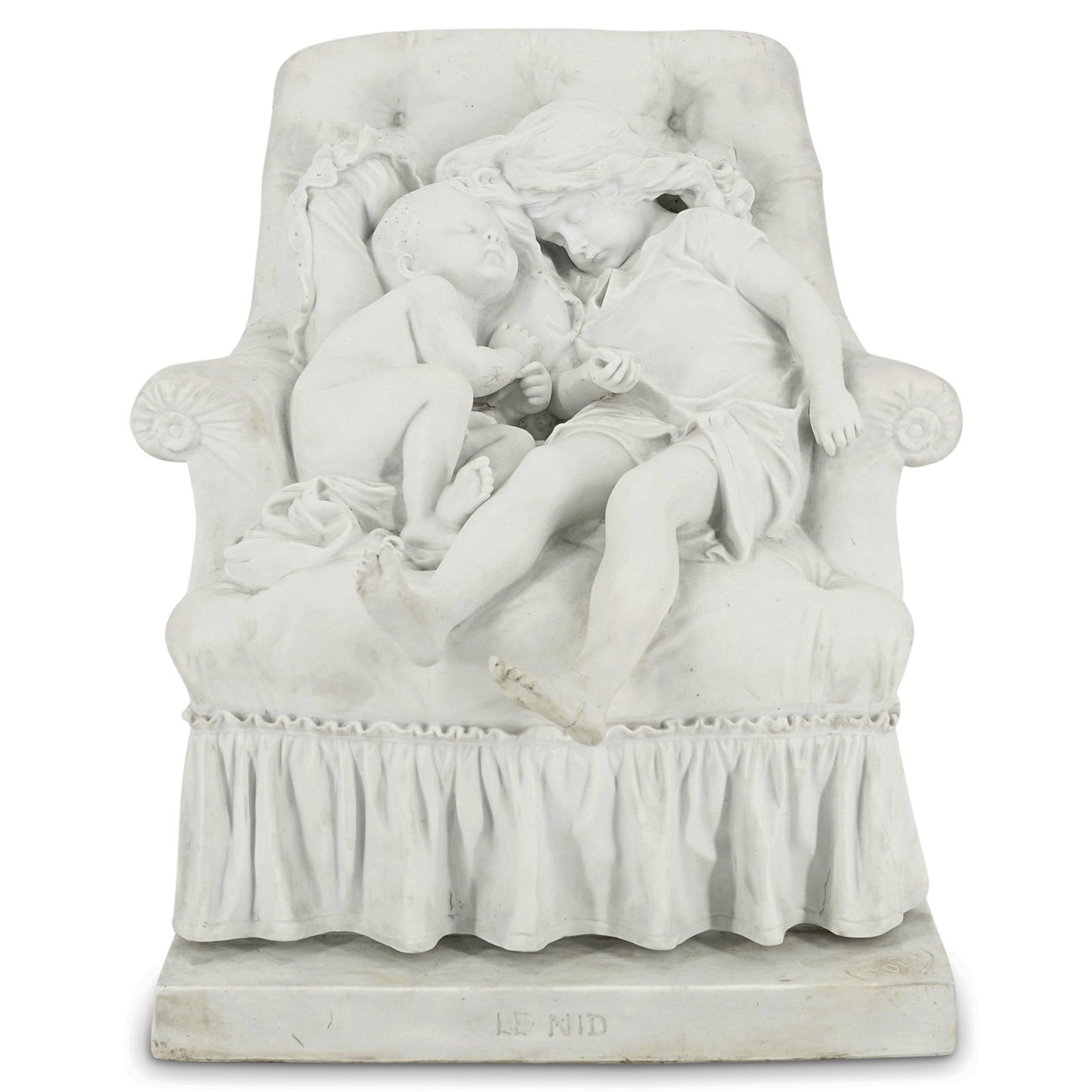 After Aristide Onesime Croisy (1840-1899) "Le Nid" Porcelain Sculpture: DESCRIPTION: Porcelain sculpture after "Le Nid" ("The Nest") by Aristide-Onesime Croisy depicting a boy and a girl asleep in an armchair. Piece is titled "LE NID" on the front of the base and signed "