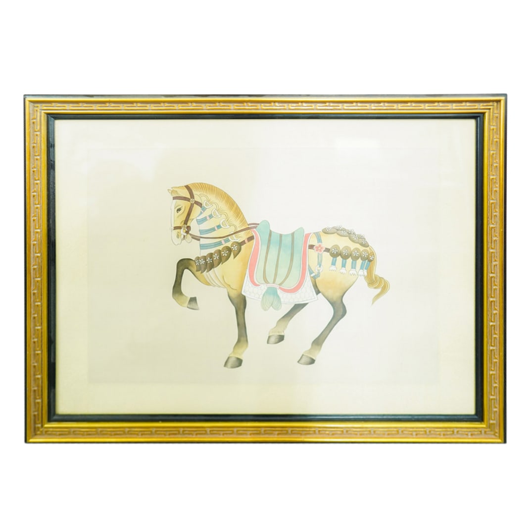 Chinese Watercolor on Silk Fabric of a Show Horse: DESCRIPTION: Chinese watercolor on silk fabric of a show horse in full regalia with a carved gold and black frame. CIRCA: 20th century ORIGIN: China DIMENSIONS: Image area H: 12" x W: 16" Frame H: 17.