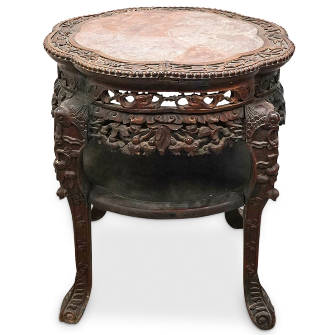 Antique Chinese Bird Adorned Marble Top Occasional Table (1 of 9)
