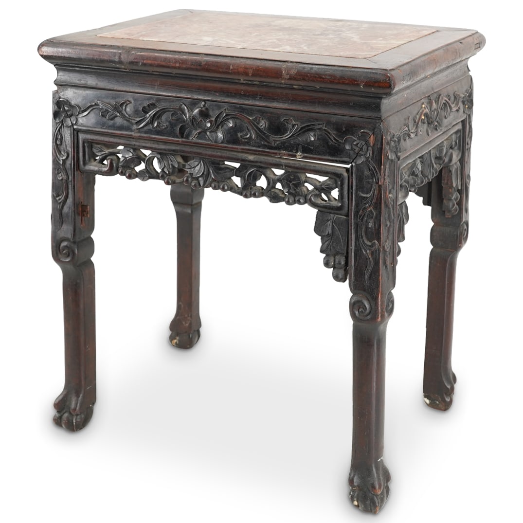 Chinese Carved Wood Marble Top Side Table (1 of 7)