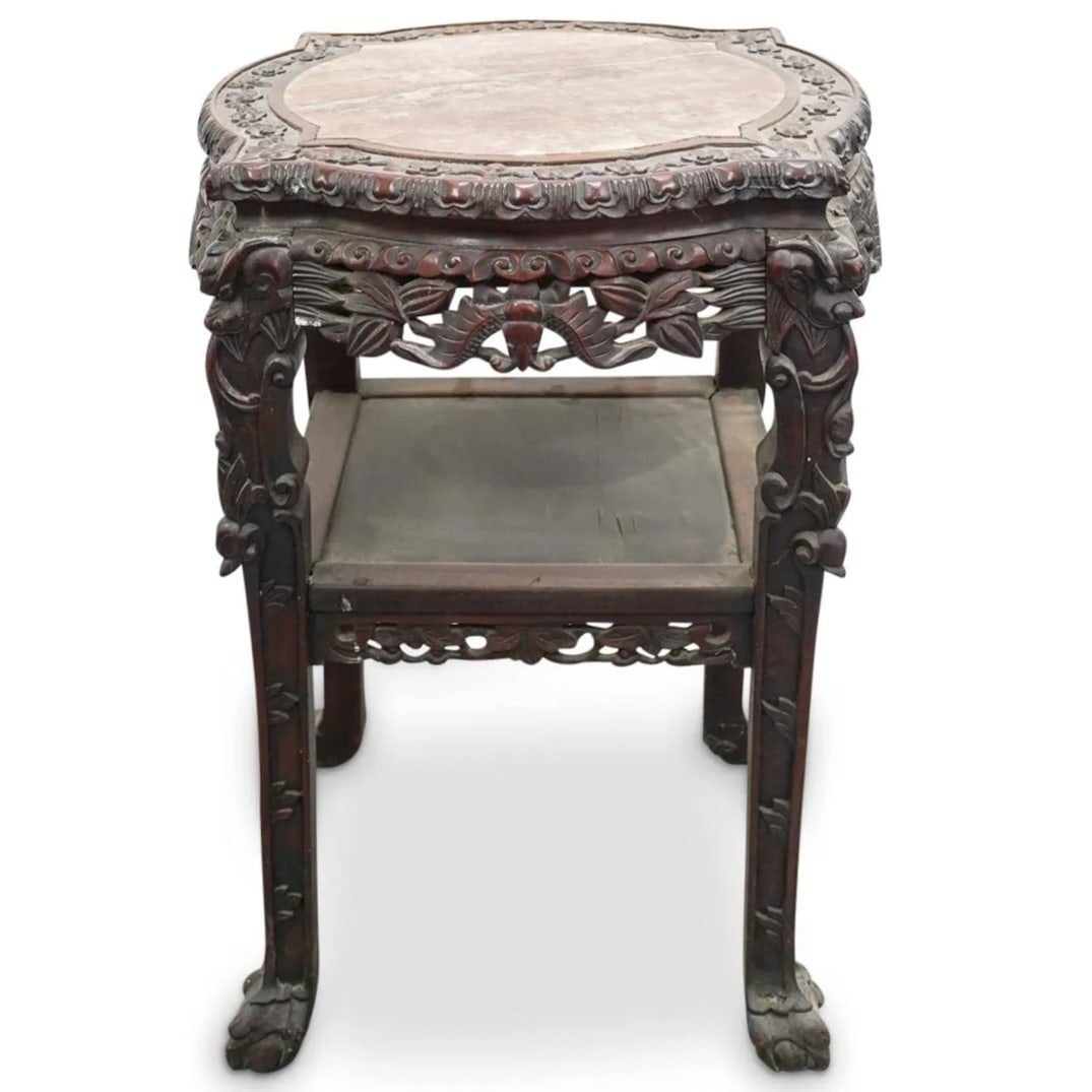 Antique Chinese Marble Top Two Tier Carved Wood Table (1 of 5)