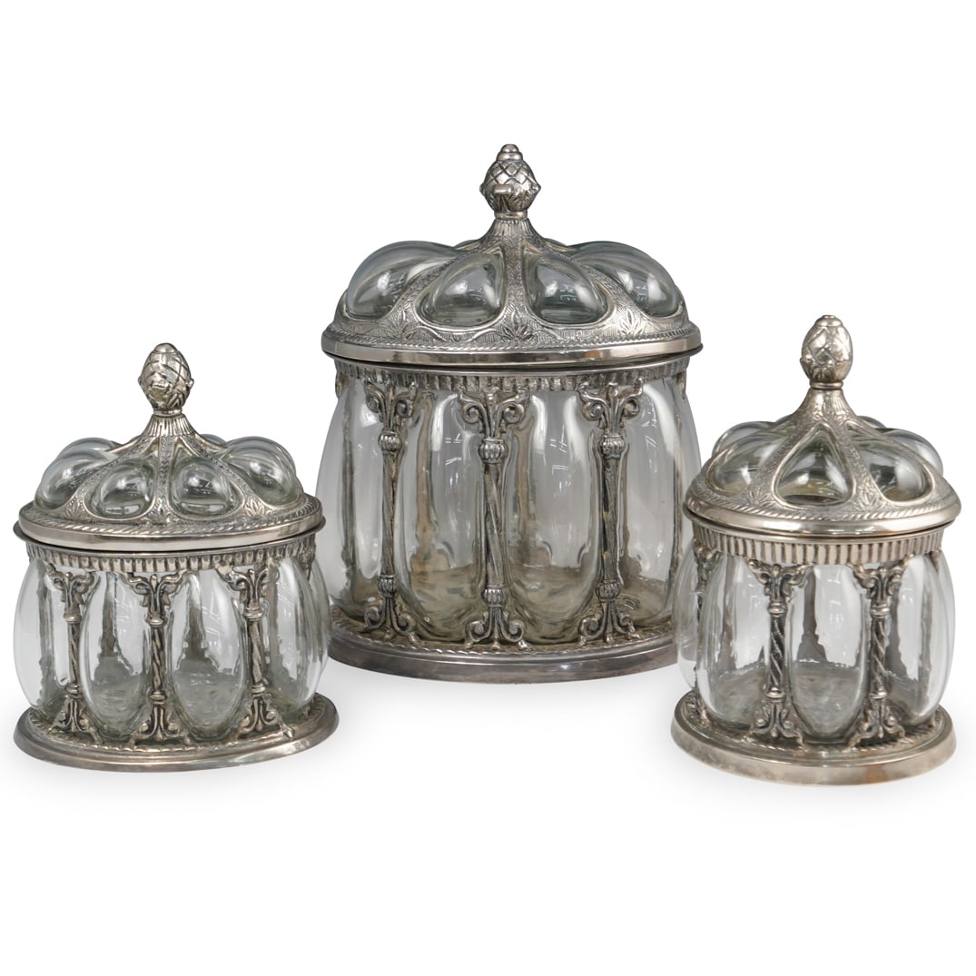 (3 Pc) Silver Plate and Glass Biscuit Jar (1 of 8)