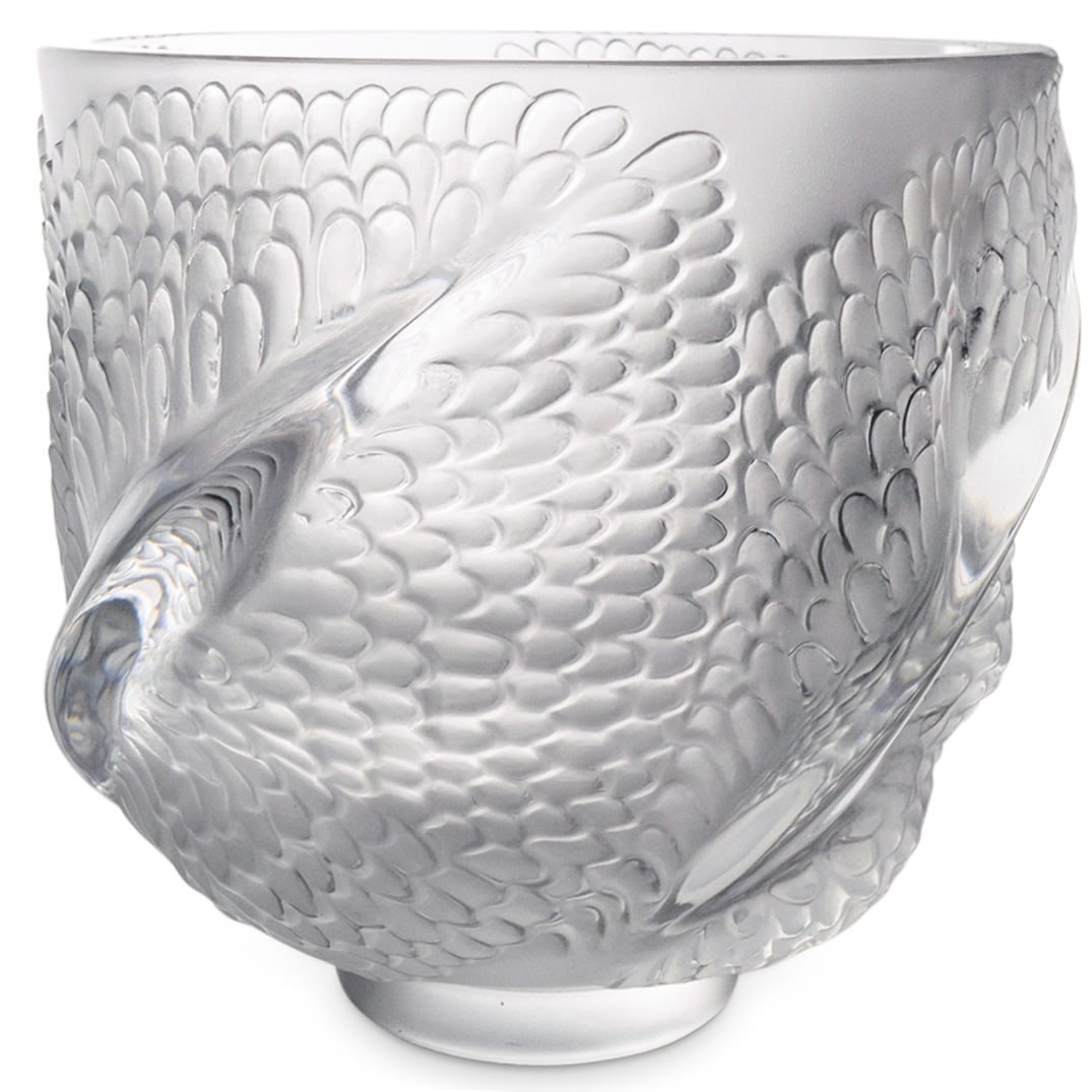 Lalique Crystal "Andromeda" Vase: DESCRIPTION: Lalique crystal "Andromeda" vase decorated with frosted fish scales. Marked with "Lalique France" on the underside. CIRCA: Late 20th - early 21st century ORIGIN: France DIMENSIONS: H: 6" 