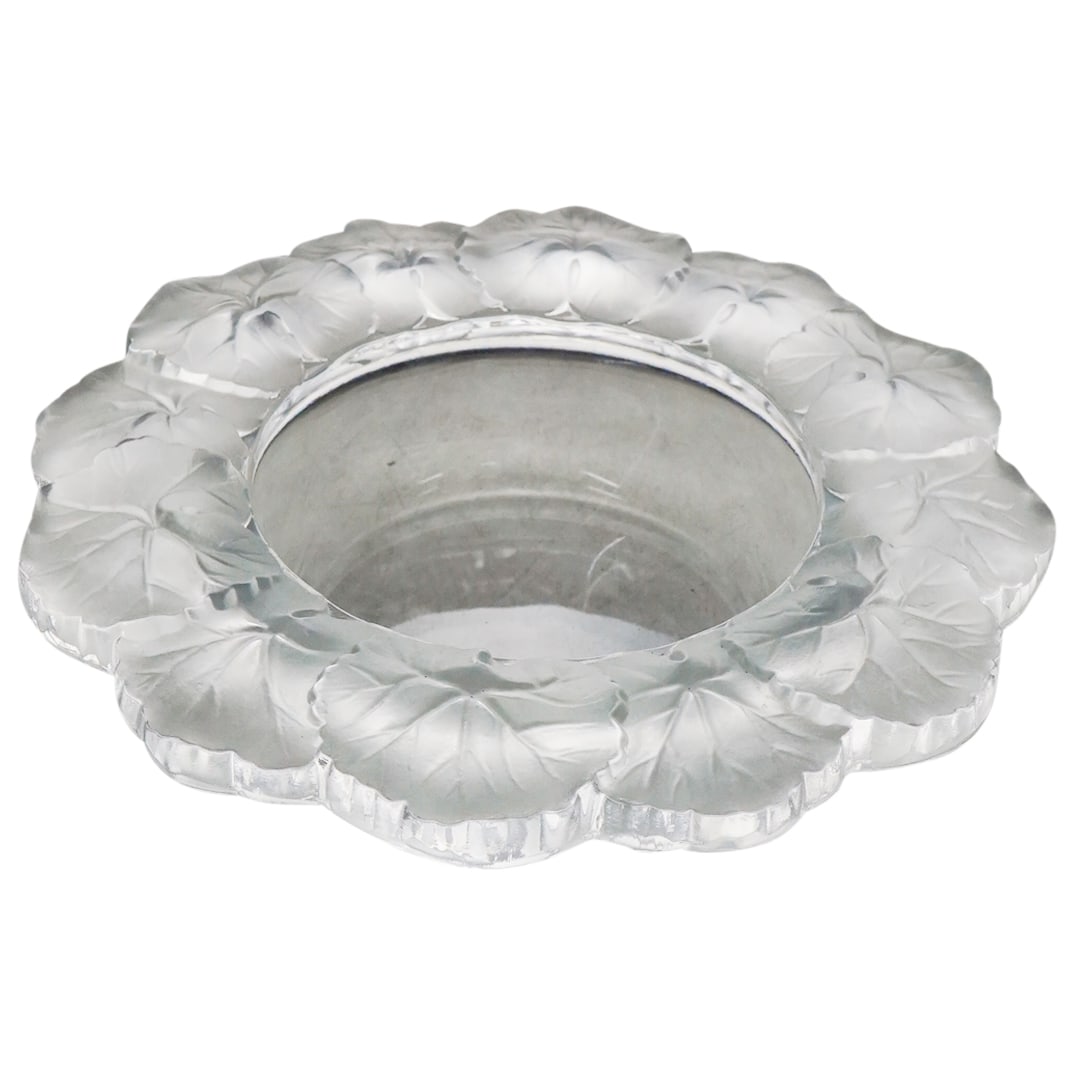 Lalique Crystal "Honfleur" Bowl: DESCRIPTION: Lalique crystal "Honfleur" bowl featuring frosted foliage motif. Marked on underside with "Lalique France". CIRCA: Late 20th - early 21st Century ORIGIN: France DIMENSIONS: H: 2.25" Diame
