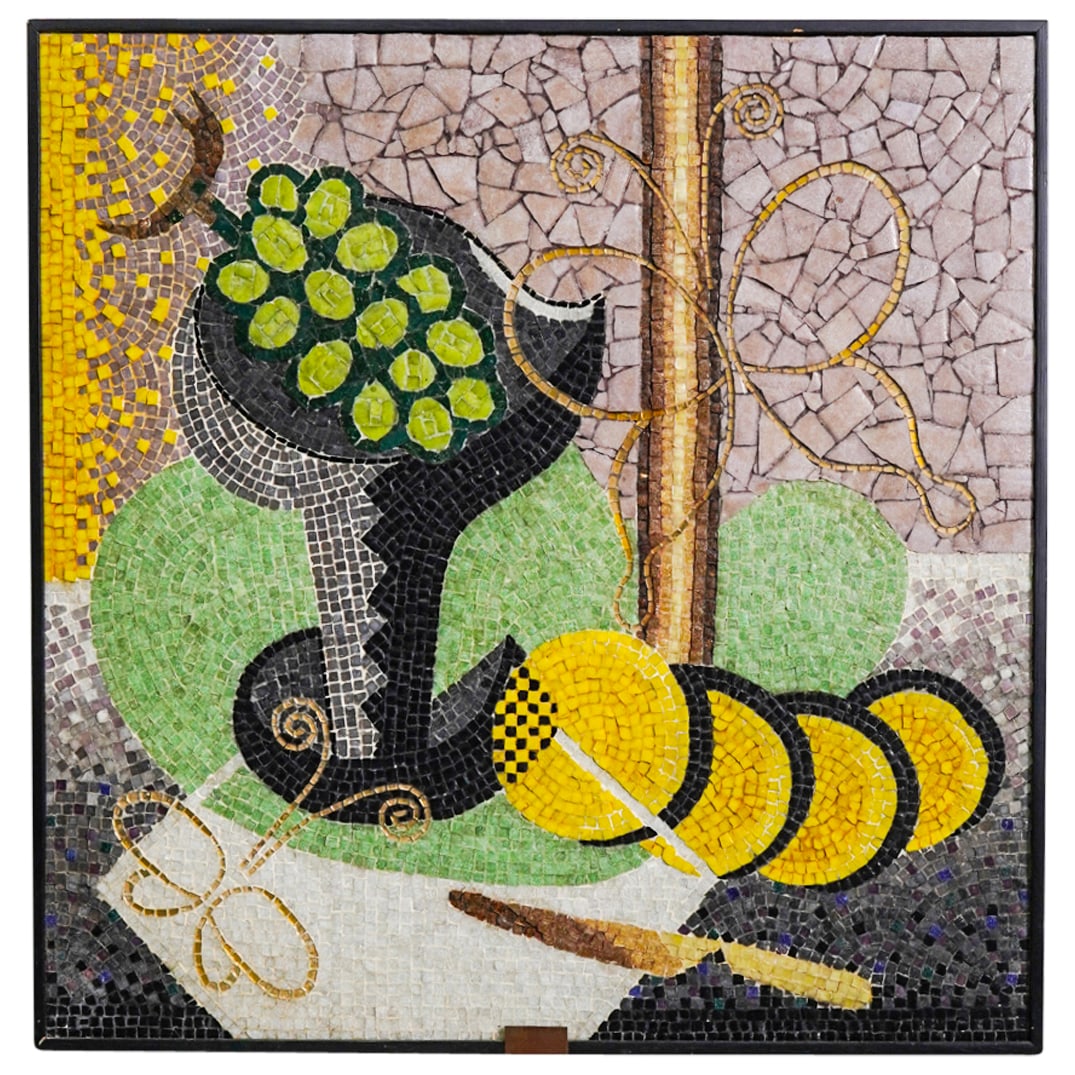 Genaro Alvarez (Mexican) Tile Mosaic: DESCRIPTION: Mid Century Italian mosaic composed of polychrome glass and stone depicting a stem glass with a cluster of grapes alongside lemons with details of butterflies. Signed and titled on plaque
