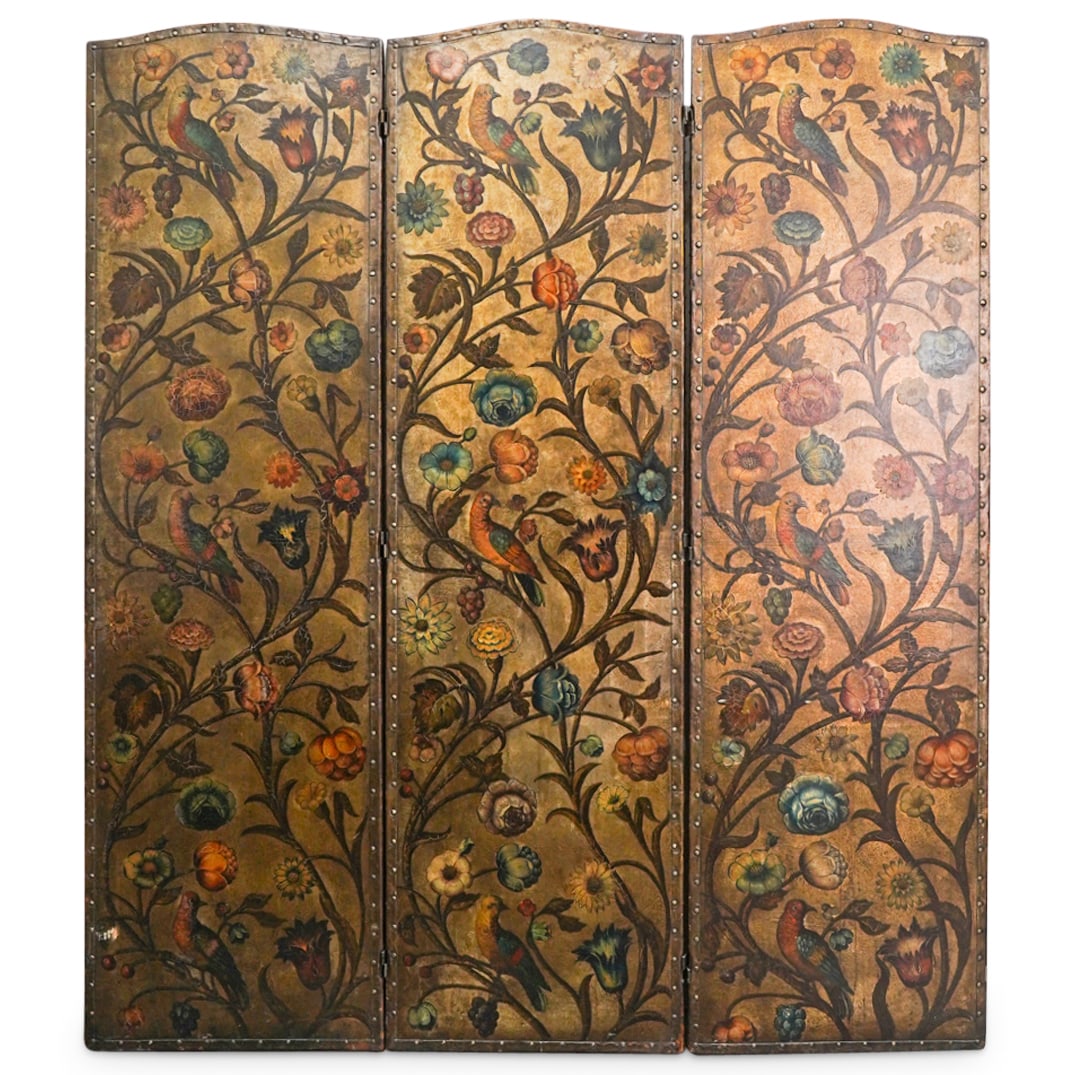 European Three Panel Studded Leather Folding Screen (1 of 8)