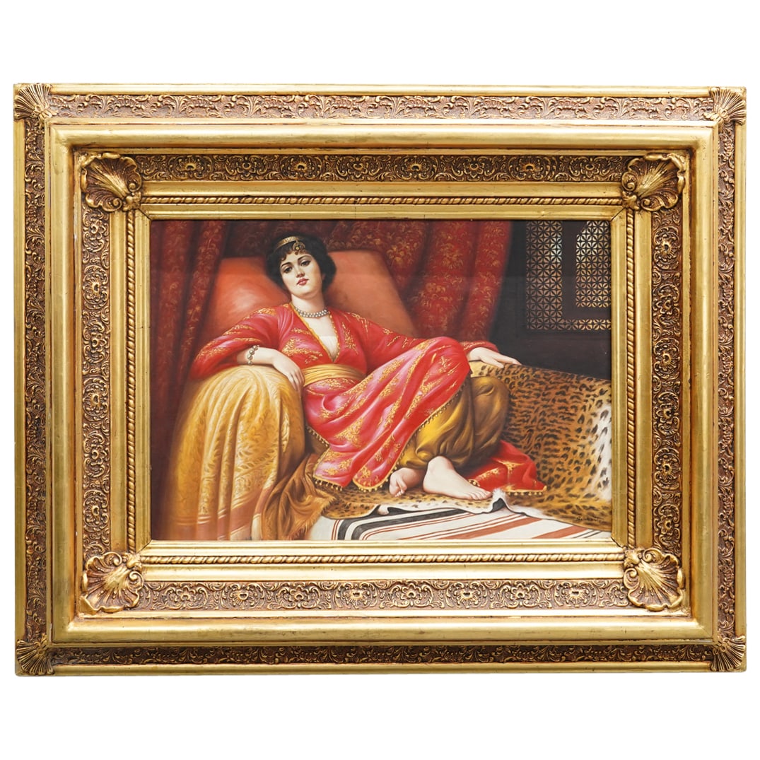 Salah Walie Large Embellished Giclee on Canvas: DESCRIPTION: Salah Waile large embellished giclee on canvas featuring the depiction of "Passion" originally painted by (Sir Frank Francis Bernard Disksee) featuring an Orientalist style women reclined