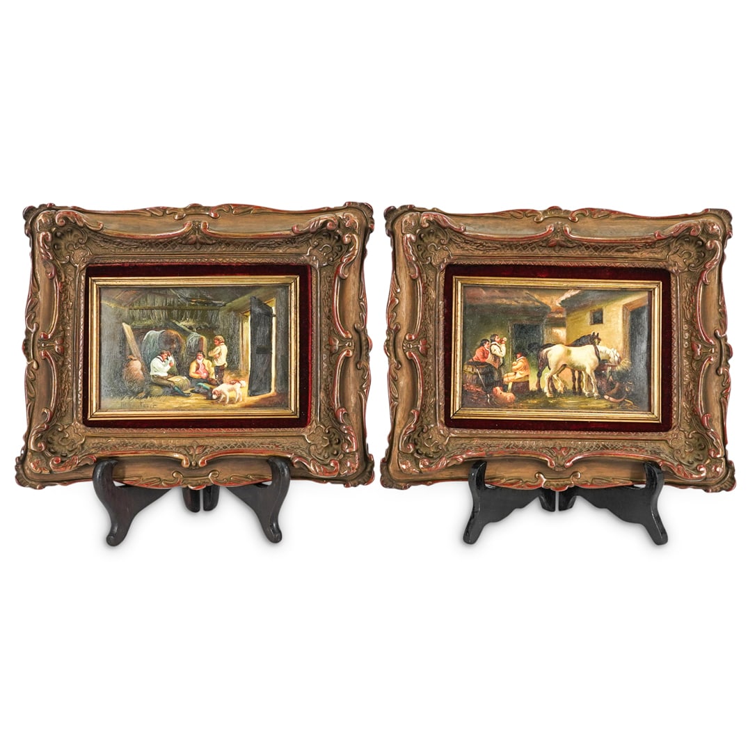 (2 Pc) M. Montaner Oil Paintings On Board: DESCRIPTION: (2 Pc) A pair of M. Montaner oil paintings on board. This is a pair of horizontally oriented figural paintings depicting male figures, playing cards and drinking. Both paintings are signe