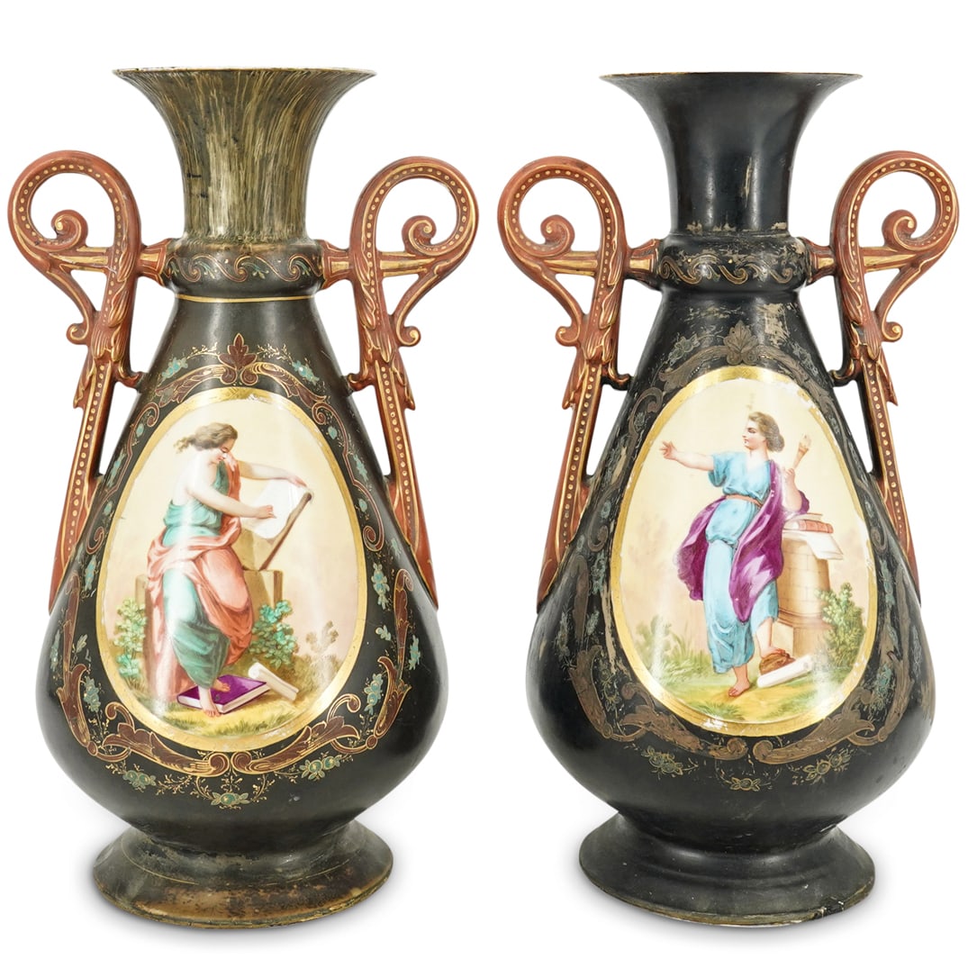 (2 Pc) Neoclassical Porcelain Vases: DESCRIPTION: Pair of porcelain vases, each decorated with a hand-painted image depicting a female scholar-one bearing a torch, one reading a text-framed by a gilt border surrounded by floral, foliage,