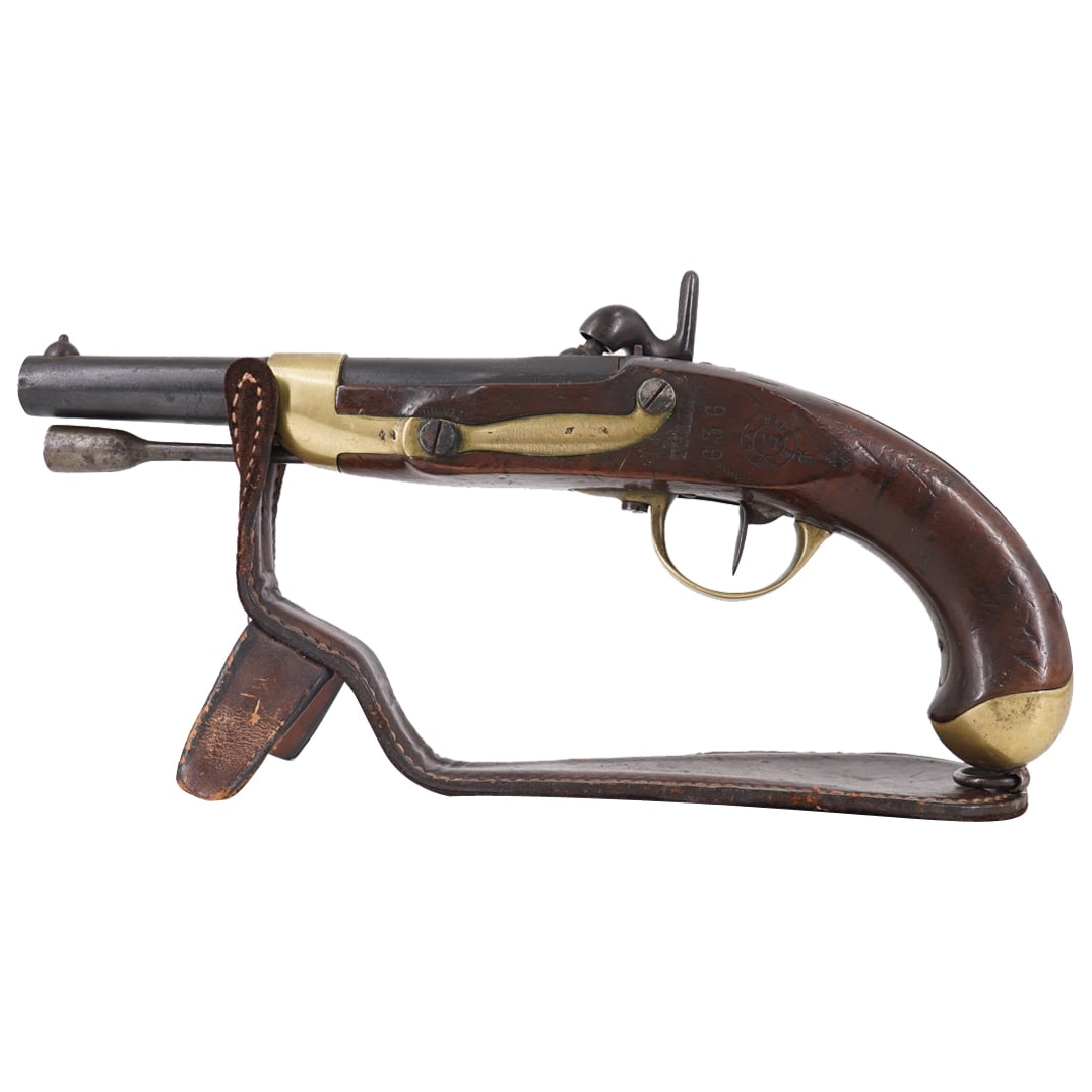 Antique French Military Model 1822 Percussion Pistol: DESCRIPTION: French Military Model 1822 percussion pistol manufactured at the St. Etienne Arsenal. (Dated 1856) Barrel impressed: "636" Ramrod impressed: "636" French hallmark throughout. Displayed on