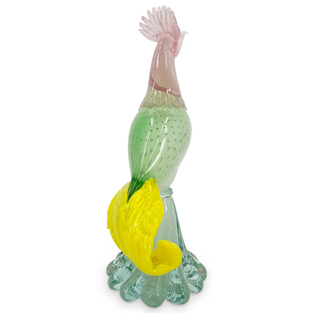 Murano Glass Pheasant Sculpture: DESCRIPTION: Murano glass sculpture of a pheasant with a body composed of a pale green tone with equidistant bubbles, a pink neck and head as well as a bright yellow curled tail, with details of plume