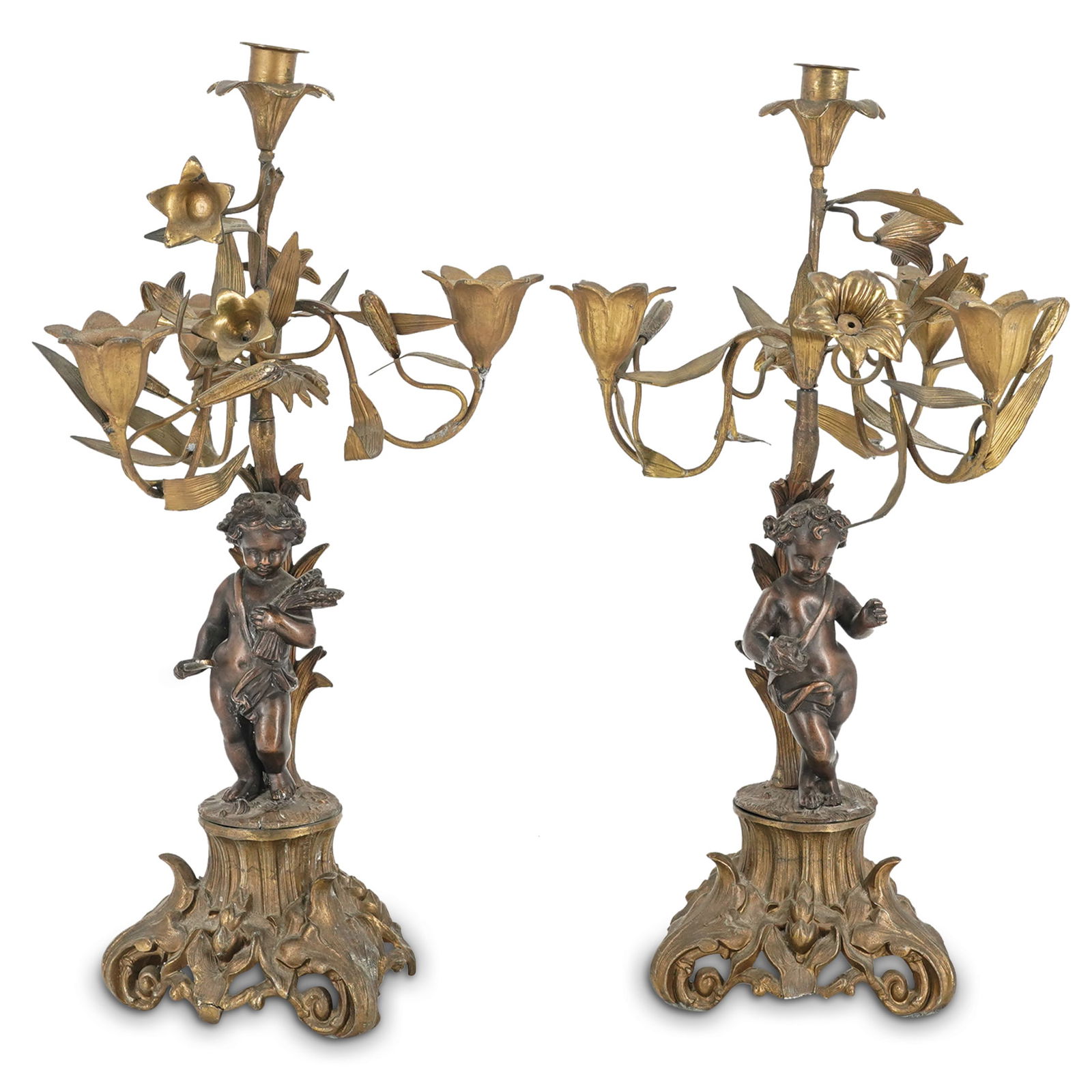 (2 Pc) Brass Putti Figural Candelabras (1 of 8)