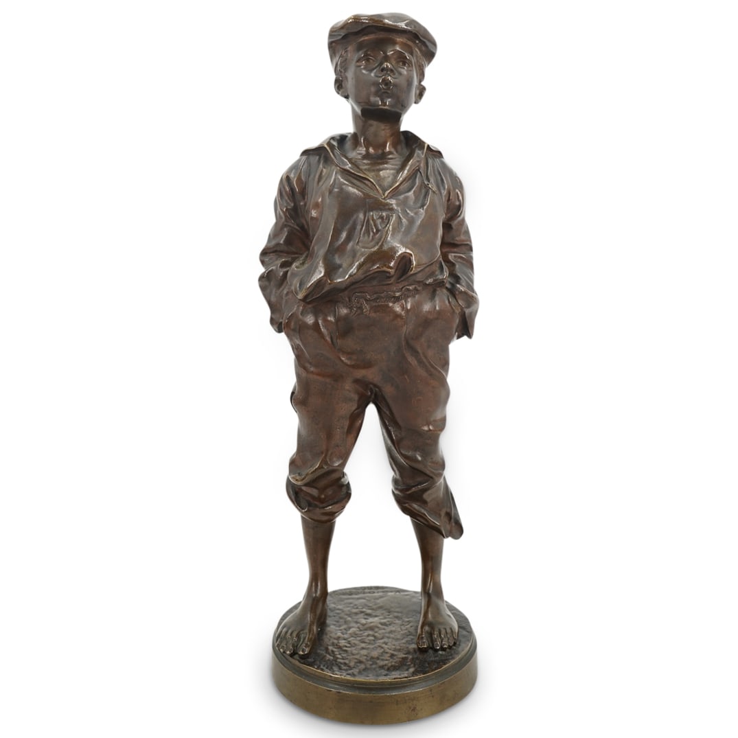 Antique Victor Szczeblewski (Polish) "Le Siffleur" Bronze Sculpture: DESCRIPTION: Antique bronze sculpture by Polish artist Victor Szczeblewski, titled "Le Siffleur"; Depicting a barefoot whistling boy, standing wearing a coat and a newsboy cap. Incised signature atop 