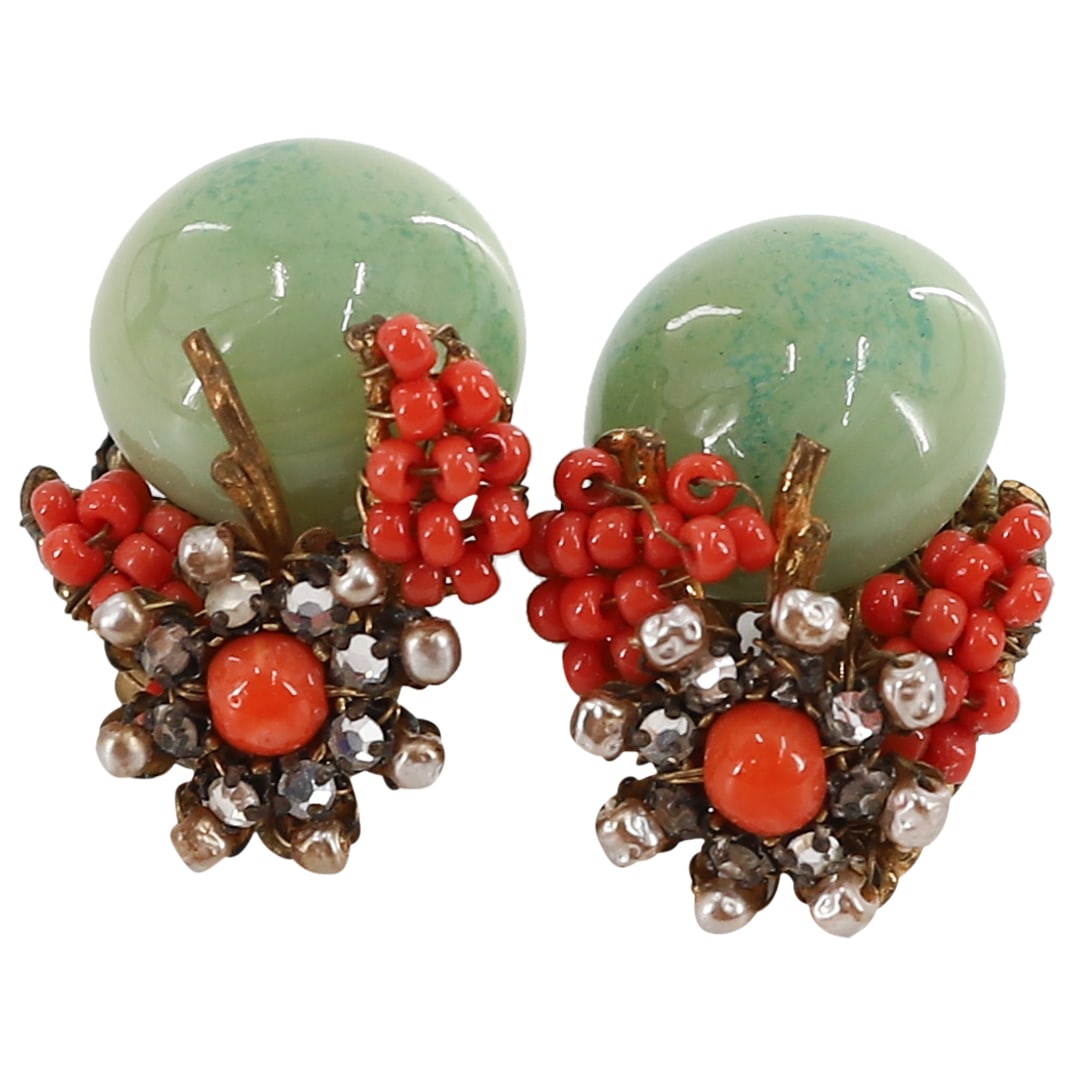 Antique Miriam Haskell Green Bead & Filigree Clip Earrings (1 of 2)