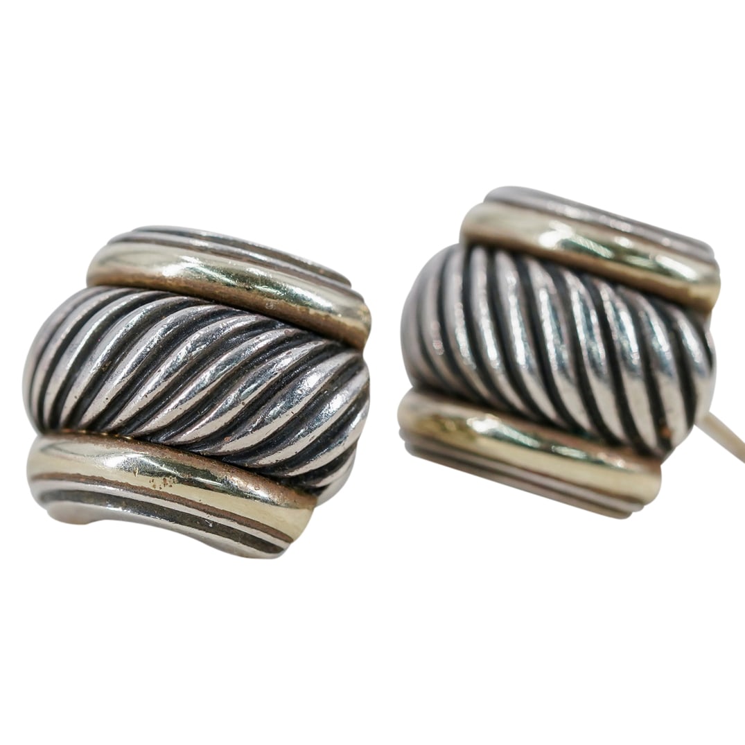 David Yurman Sterling Silver & 14K Gold Cable Earrings: DESCRIPTION: David Yurman Sterling Silver and 14K Yellow Gold Thoroughbred Cable Earrings. Marked with D. Yurman, 585 and 925 hallmarks. Total weight: 17.7 grams. CIRCA: 21st Century ORIGIN: USA DIMEN