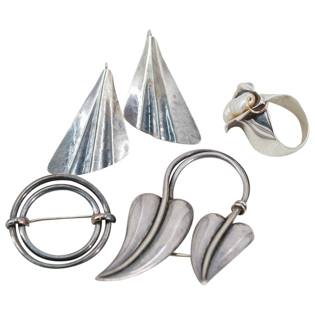 (4 Pc) Sterling Silver & 14K Gold Ring / Earrings & Brooch Jewelry Grouping (1 of 14)