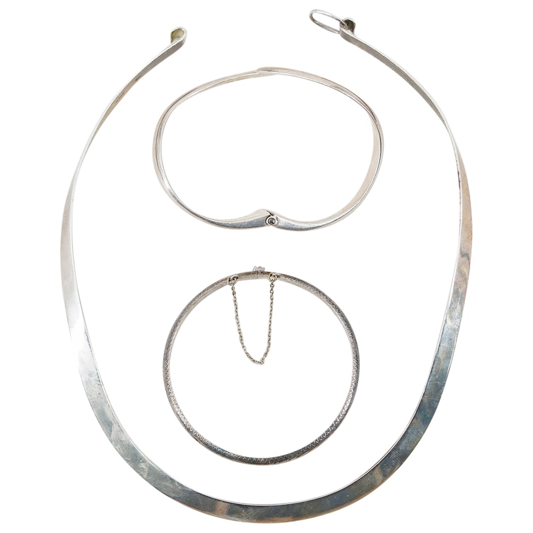 (3 Pc) Sterling Silver Choker Necklace & Bracelets Jewelry Set (1 of 15)