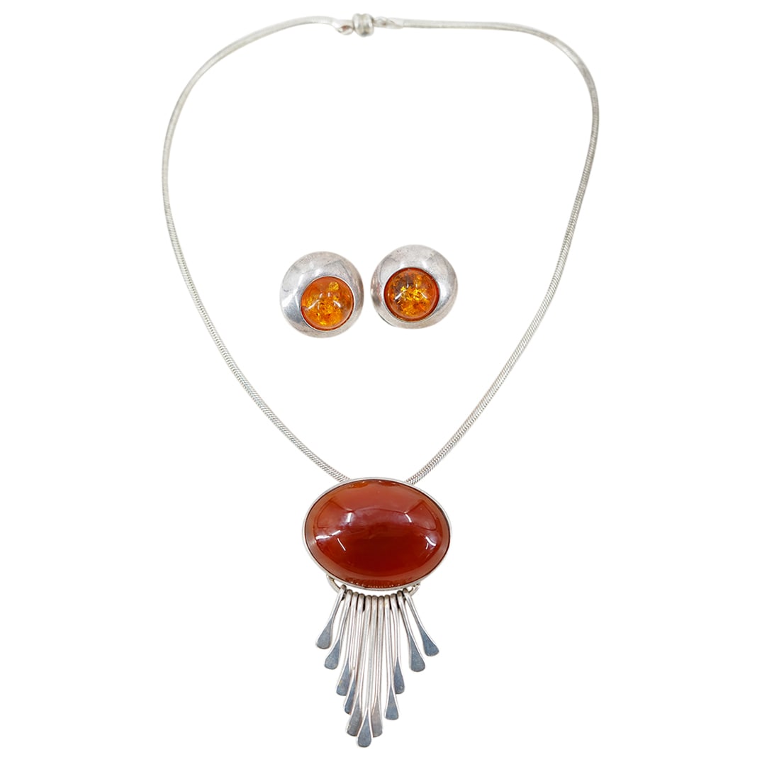 (3 Pc) Sterling Silver Carnelian / Amber Necklace, Pendant & Earrings Set (1 of 12)
