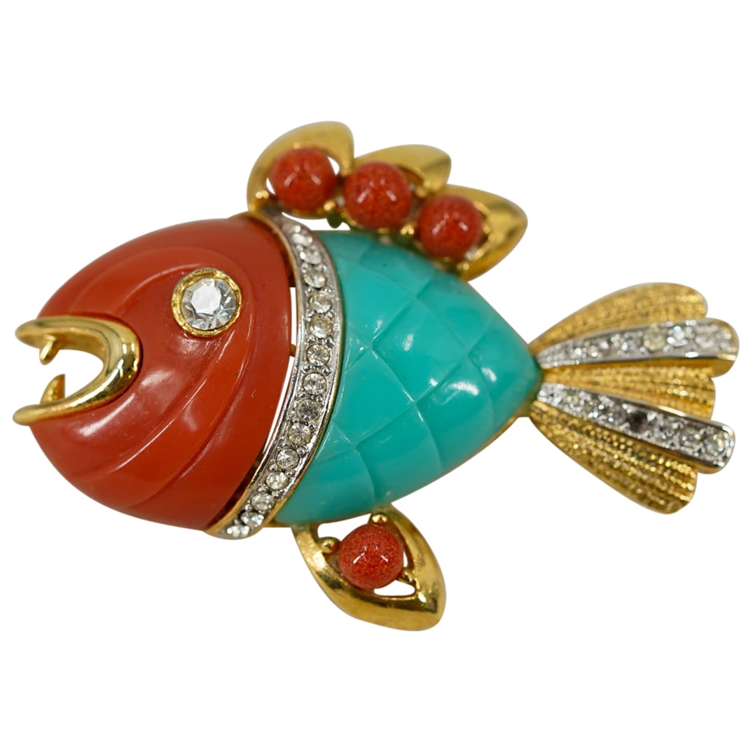 Vintage 1960's Hattie Carnegie Faux Coral Turquoise Lucite Piranha Fish Brooch (1 of 4)