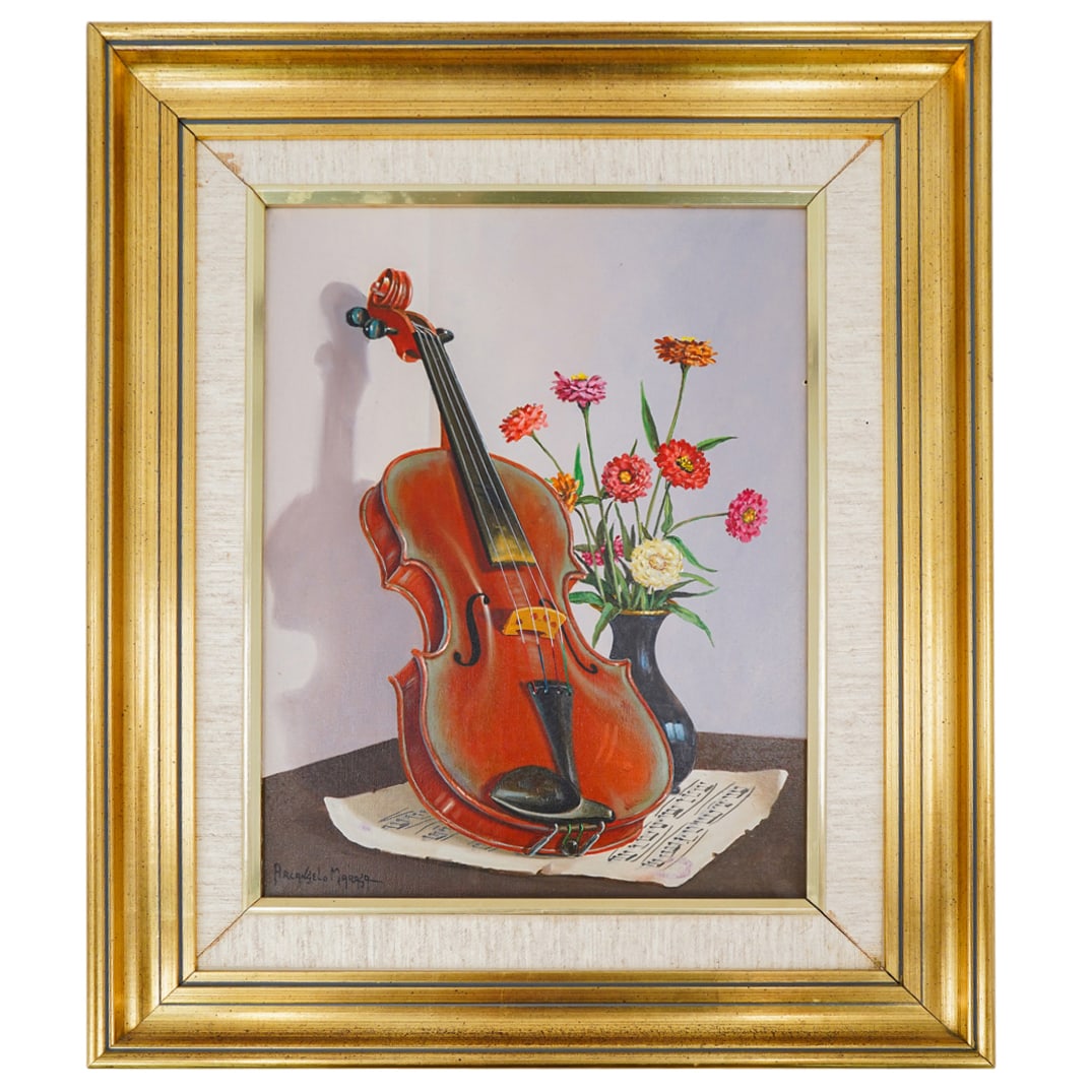 Archangelo Maraga (b.1925-2007) Trompe l'oeil Oil Painting: DESCRIPTION: Archangelo Maraga (Italian) Oil on canvas painting featuring a Trompe l'oeil scene with staged violin and floral arrangement, signed (Lower Left) 'Archangelo Maraga' mounted in gilt ornat